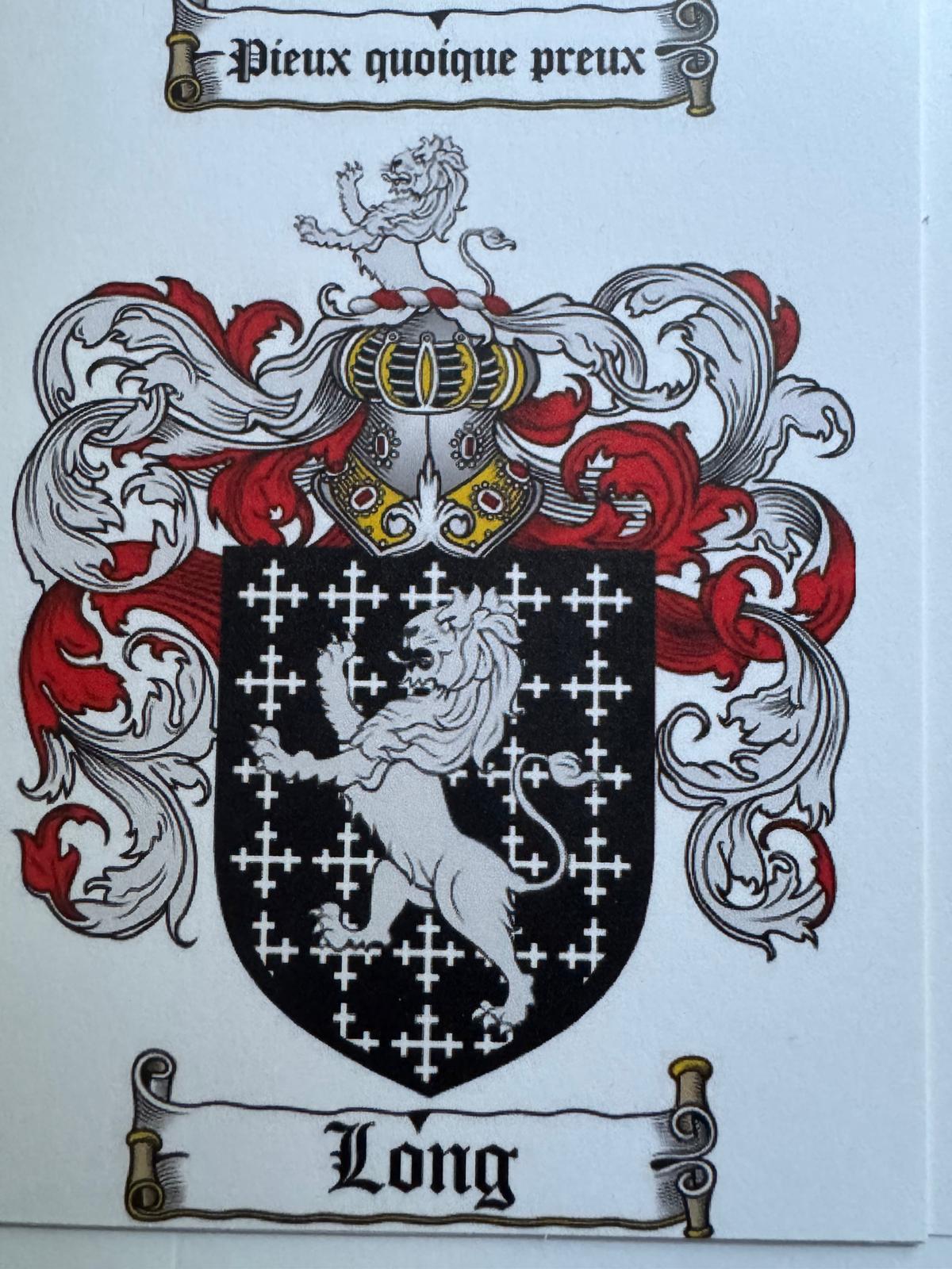 The Long family crest, a white lion standing on its hind legs on a black shield, under the motto Pieux quoique preux