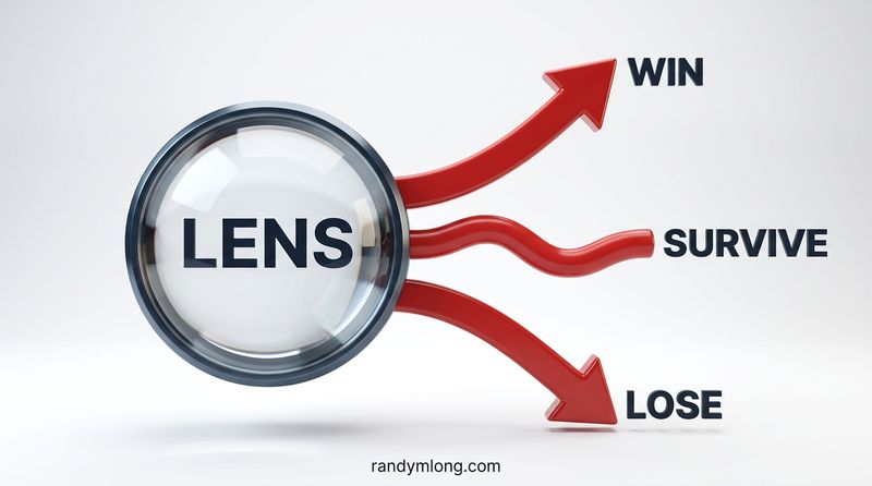 Diagram showing the lens and three paths: how Randy Long's advisory lens reveals whether a business is on the path to winning, surviving, or losing